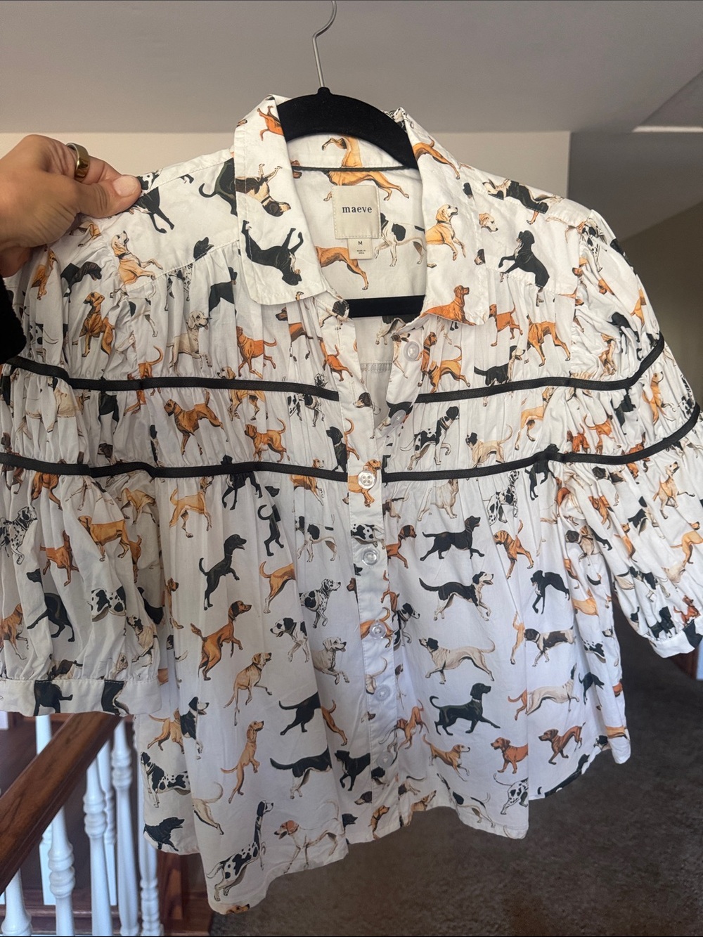 Anine Bing Cream Dog-Print Puff Sleeve Button Front Blouse